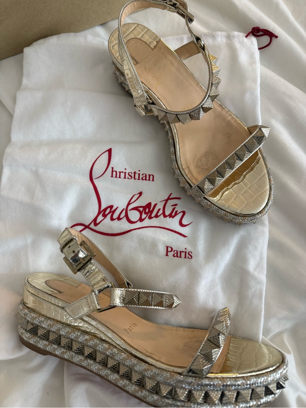 Christian Louboutin Gold and Silver Pyramid-Stud Platform Sandals